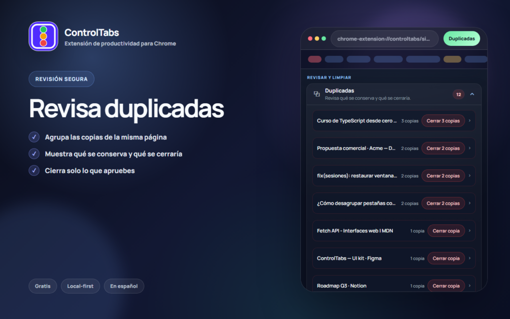 Panel de ControlTabs con las pestañas duplicadas y un botón para cerrar las copias de cada una