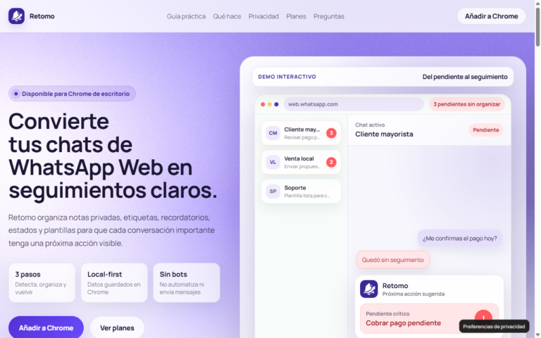 Portada de retomo.app: convierte tus chats de WhatsApp Web en seguimientos claros, con la demo interactiva del panel de pendientes
