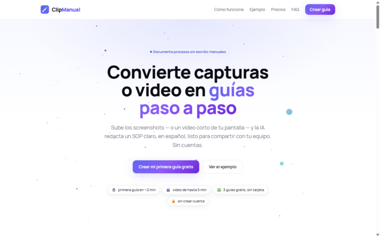Portada de clipmanual.com: convierte capturas o video en guias paso a paso con IA