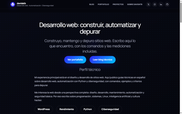 Portada de davidatb.com, el sitio construido con tema y plugin propios