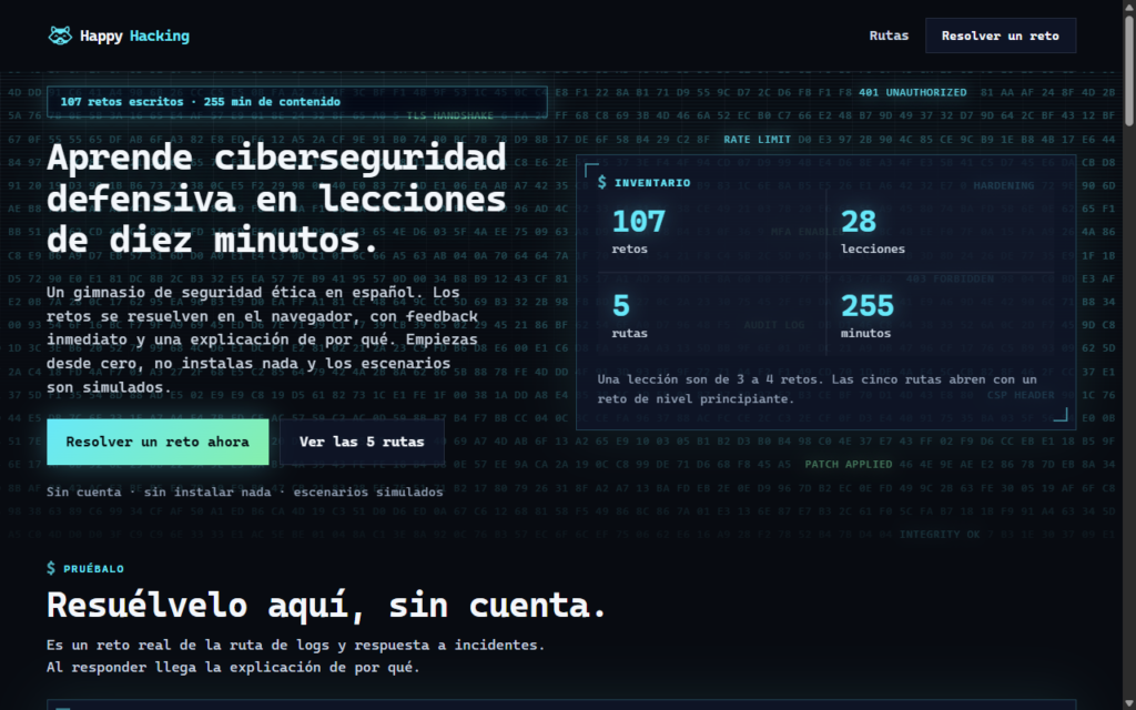 Portada de happyhacking.app: aprende ciberseguridad defensiva en lecciones de diez minutos