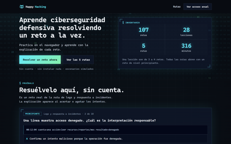 Portada de Happy Hacking con un reto debajo