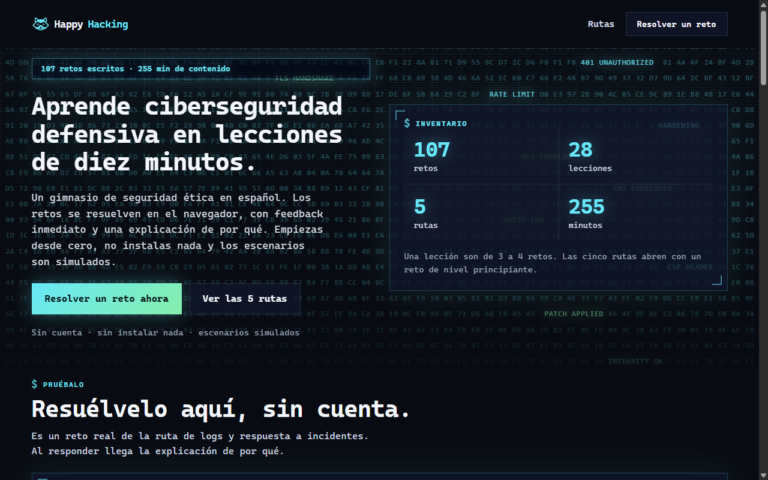 Portada de happyhacking.app: aprende ciberseguridad defensiva en lecciones de diez minutos